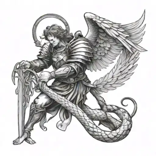 archangel michael killing snake by sword tattoo design idea