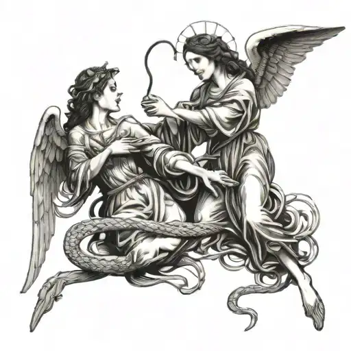 holy mary and archangel gabriel fighting with snake tattoo design idea