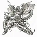 archangel michael killing snake by sword tattoo design idea