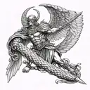 archangel michael killing snake by sword tattoo design idea