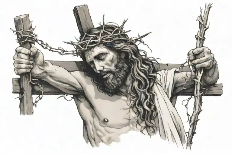 Jesus carrying the cross and wearing crown of thorns tattoo design idea
