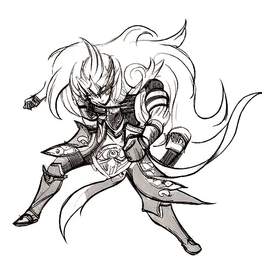 A tattoo design combining the imagery of Dota 2 and anime with a sketch style tattoo design idea