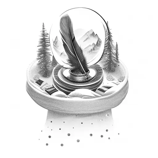 stack of leather bound books with an ink pot on the side, a feather quill around the front. a snowglobe on top of books tattoo design idea