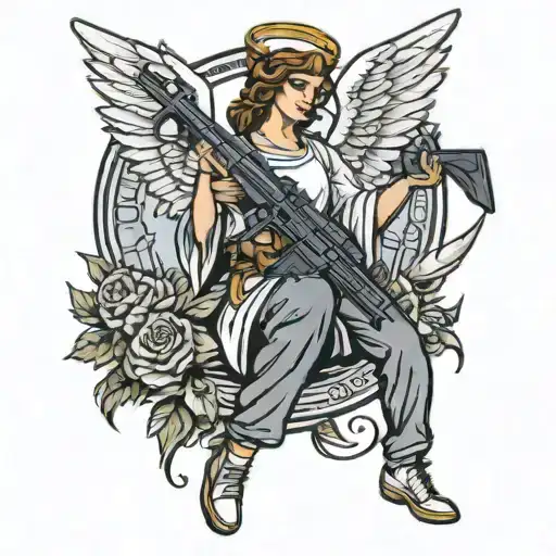 I want a tattoo of an angel holding an AKM rifle. On the angel’s stomach, the words ‘Make Money’ should be written. tattoo design idea