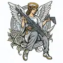 I want a tattoo of an angel holding an AKM rifle. On the angel’s stomach, the words ‘Make Money’ should be written. tattoo design idea