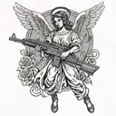 I want a tattoo of an angel holding an AKM rifle. On the angel’s stomach, the words ‘Make Money’ should be written. tattoo design idea