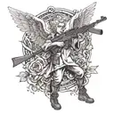 I want a tattoo of an angel holding an AKM rifle. On the angel’s stomach, the words ‘Make Money’ should be written. tattoo design idea
