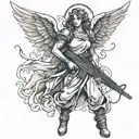 I want a tattoo of an angel holding an AKM rifle. On the angel’s stomach, the words ‘Make Money’ should be written. tattoo design idea