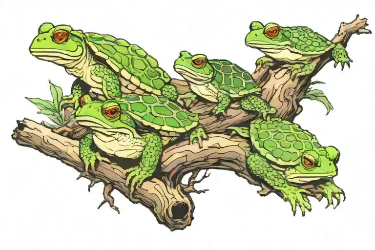 toad, turtle, and frog on a log tattoo design idea