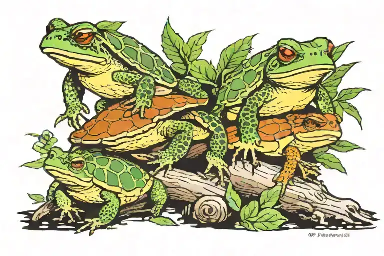 toad, turtle, and frog on a log tattoo design idea