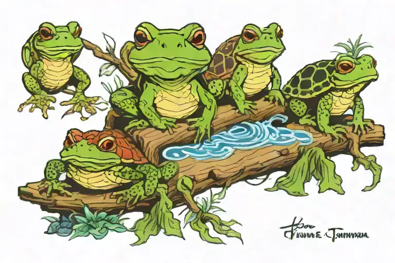 toad, turtle, and frog on a log tattoo design idea