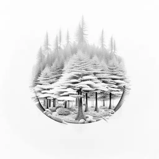 A mystical forest with various animals and insects hidden among the trees tattoo design idea