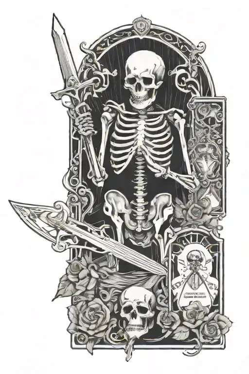 skeleton tarot card and knife piercing tattoo design idea