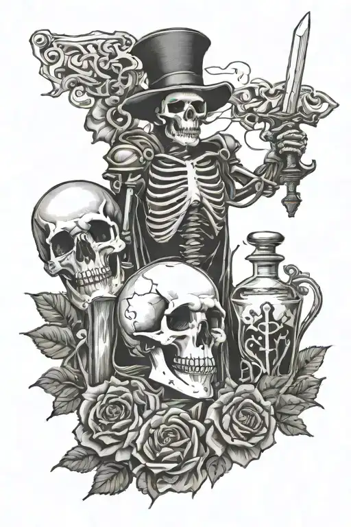 2 skeletons, poison bottle, tarot card, sword  tattoo design idea