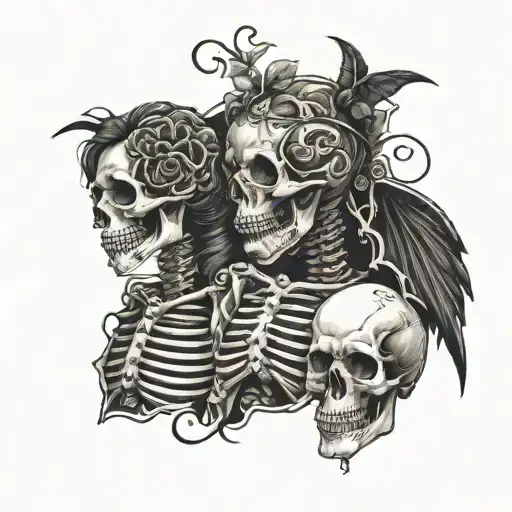 goth sleeve tattoo design combining skeletons and love tattoo design idea