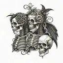 goth sleeve tattoo design combining skeletons and love tattoo design idea