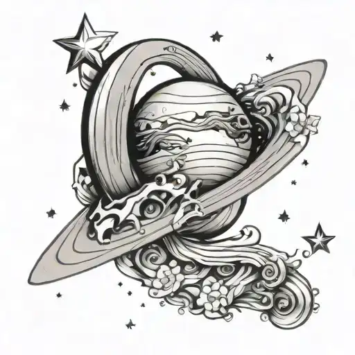 tattoo design of a planet Saturn in the shape of a crescent with an initial A and stars around it tattoo design idea