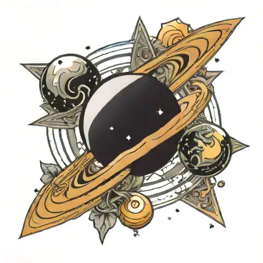 Planet Saturn tattoo design in the shape of a crescent with the initial A in the middle and stars around it tattoo design idea