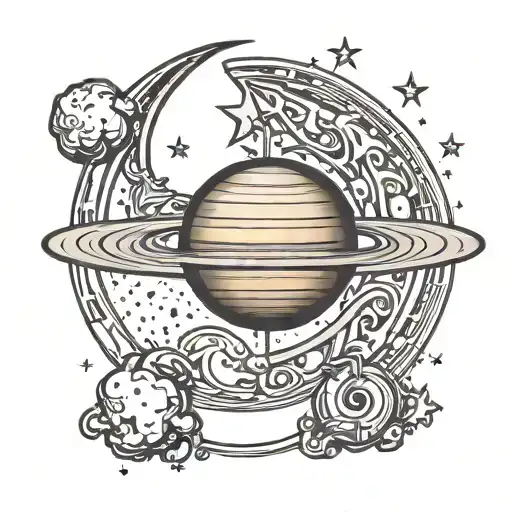 tattoo design of a planet Saturn in the shape of a crescent with the initial A in the middle and stars around it tattoo design idea