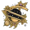 Planet Saturn tattoo design in the shape of a crescent with the initial A in the middle and stars around it tattoo design idea