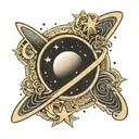 Planet Saturn tattoo design in the shape of a crescent with the initial A in the middle and stars around it tattoo design idea