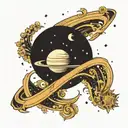 Planet Saturn tattoo design in the shape of a crescent with the initial A in the middle and stars around it tattoo design idea