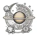 tattoo design of a planet Saturn in the shape of a crescent with the initial A in the middle and stars around it tattoo design idea