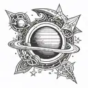 tattoo design of a planet Saturn in the shape of a crescent with the initial A in the middle and stars around it tattoo design idea