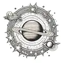 tattoo design of a planet Saturn in the shape of a crescent with the initial A in the middle and stars around it tattoo design idea