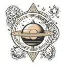 tattoo design of a planet Saturn in the shape of a crescent with the initial A in the middle and stars around it tattoo design idea