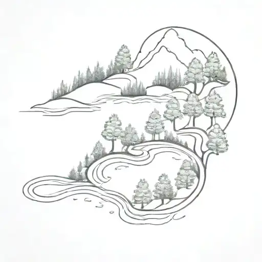 A minimalist tattoo of a winding river flowing through a lush forest,  tattoo design idea