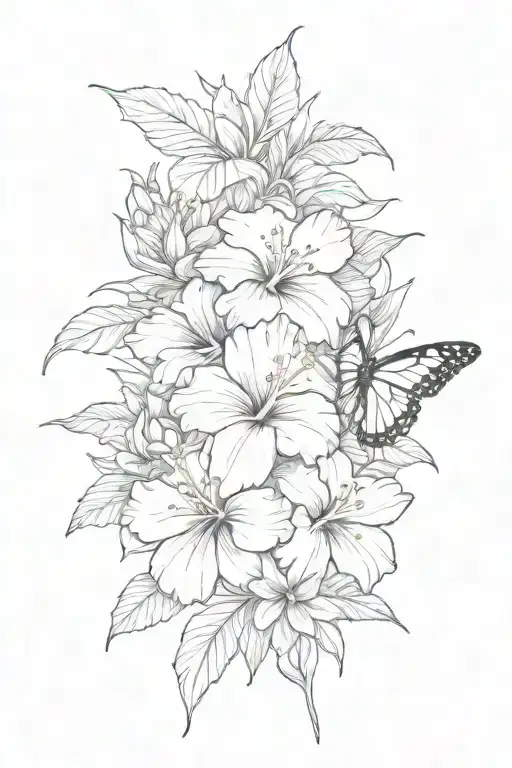hibiscus , roses , lilies , and butterflies upper arm half sleeve  tattoo design idea
