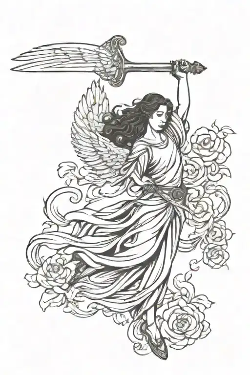 flying angel holding a sword tattoo design idea