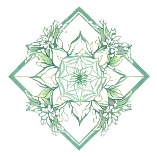 mandala with cherry blossom with green leaves to the front side and geometric diamond shape behind design  tattoo design idea