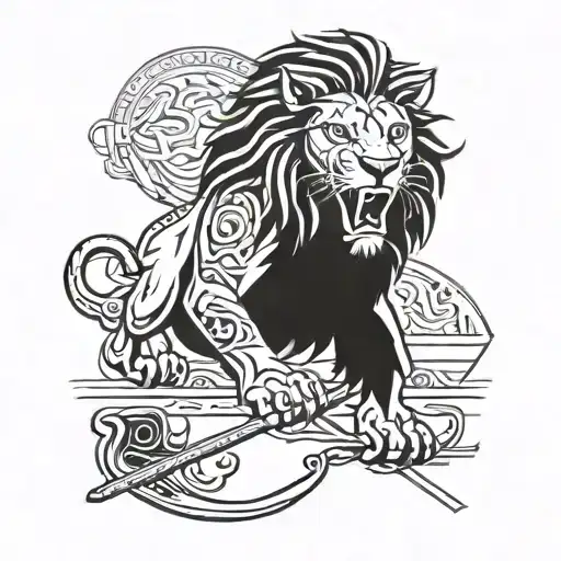 A lion roaring triumphantly on a hockey rink, with Viking ships in the background tattoo design idea