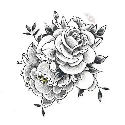 A traditional style tattoo featuring a mix of camellias, daffodils, petunias, and primroses inspired by the client's favorite flowers tattoo design idea