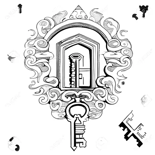 A mystical key unlocking a hidden door in an ancient architectural structure tattoo design idea