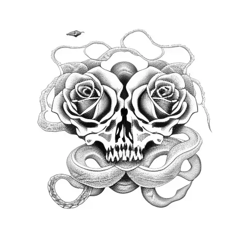 two skulls with roses and a snake going through them tattoo design idea