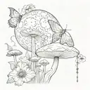moon and star with lunar moth sitting on a mushroom with poppy flowers tattoo design idea