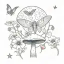 moon and star with lunar moth sitting on a mushroom with poppy flowers tattoo design idea