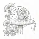 moon and star with lunar moth sitting on a mushroom with poppy flowers tattoo design idea