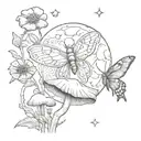moon and star with lunar moth sitting on a mushroom with poppy flowers tattoo design idea