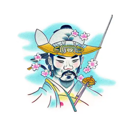 samurai with cherry blossom tree tattoo design idea