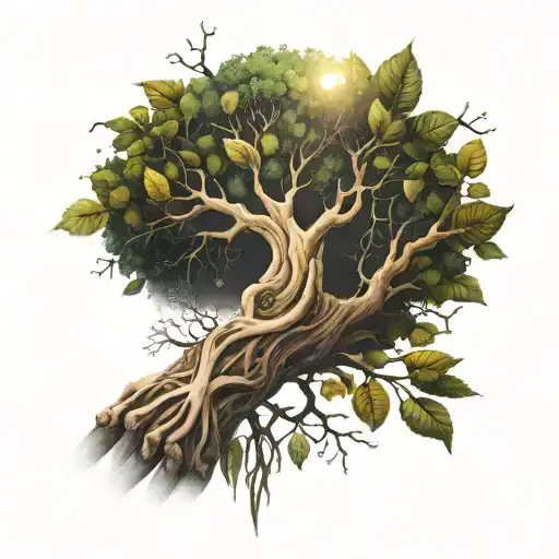 A detailed forearm tattoo featuring a family tree with roots wrapping around the wrist, branches spreading naturally alo tattoo design idea