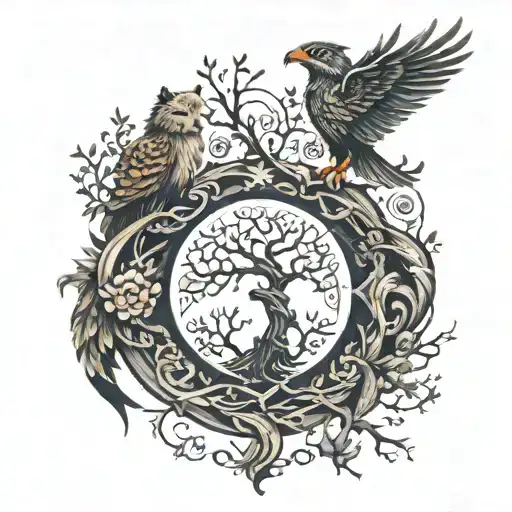 tree of life, lion and wolf next to the bottom, phoenix and owl somewhere on the branches, P and C initials craved on tattoo design idea