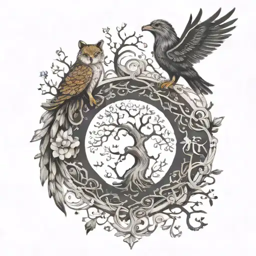 tree of life, lion and wolf next to the bottom, phoenix and owl somewhere on the branches, P and C initials craved on tattoo design idea
