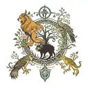 tree of life, lion and wolf surrounding, phoenix and owl somewhere on the branches, P and C initials craved on tattoo design idea