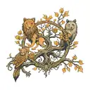 tree of life, lion and wolf surrounding, phoenix and owl somewhere on the branches, P and C initials craved on tattoo design idea