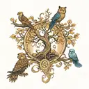 tree of life, lion and wolf surrounding, phoenix and owl somewhere on the branches, P and C initials craved on tattoo design idea