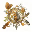 tree of life, lion and wolf surrounding, phoenix and owl somewhere on the branches, P and C initials craved on tattoo design idea